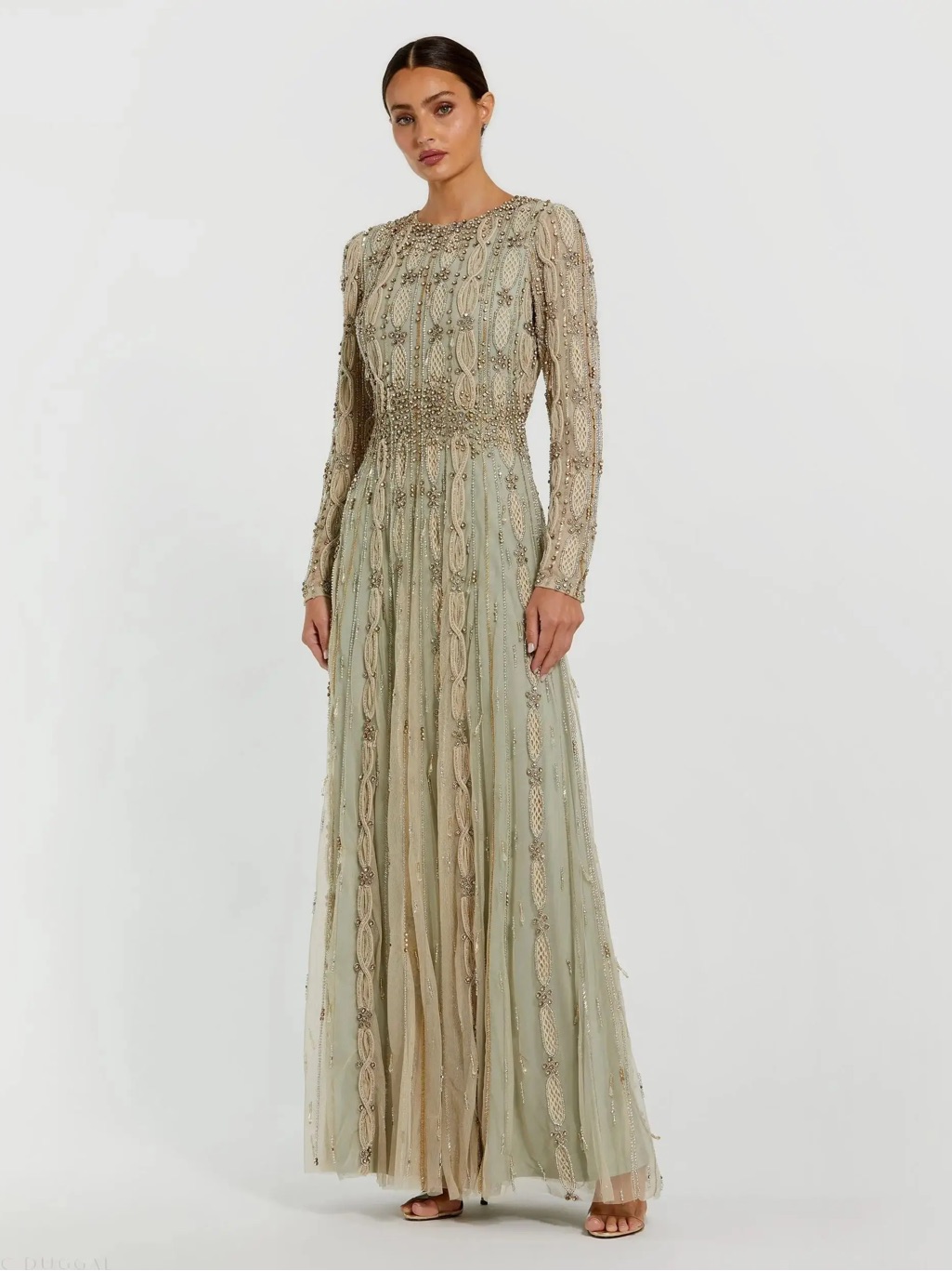 Mac Duggal Sage Green Maxi Gown With Gold Embellishment